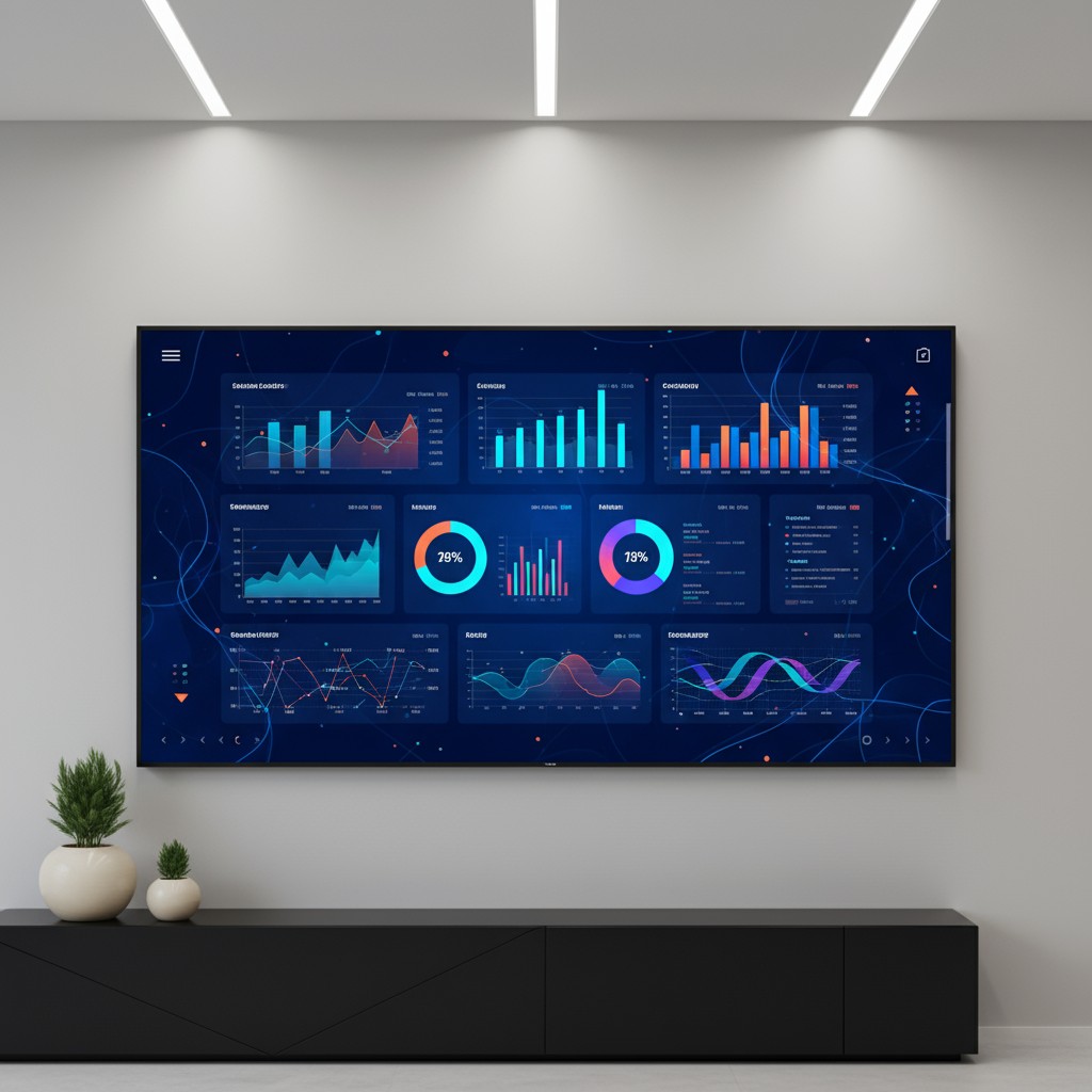 A large smart TV mounted on a black entertainment center displaying a data dashboard with various charts and graphs in sha...